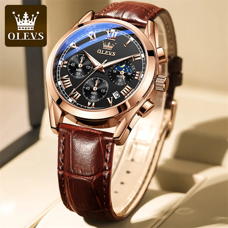 OLEVS Brand Business Mens Quartz Watch Fashion Leather Strap Sports Waterproof Chronograph Watches for Men Relogio Masculino