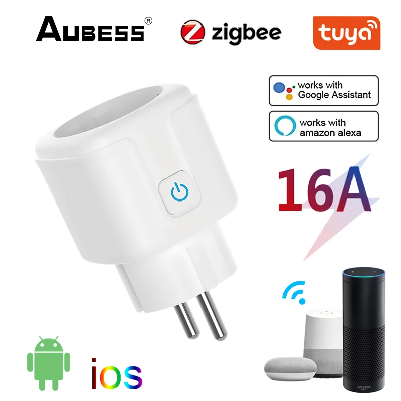 Aubess Tuya Zigbee Smart Plug 16/20A Eu Plug Presa Remota Wireless Smart Timer Plug Controllo Vocale Home Presa Per Pc Ignifuga