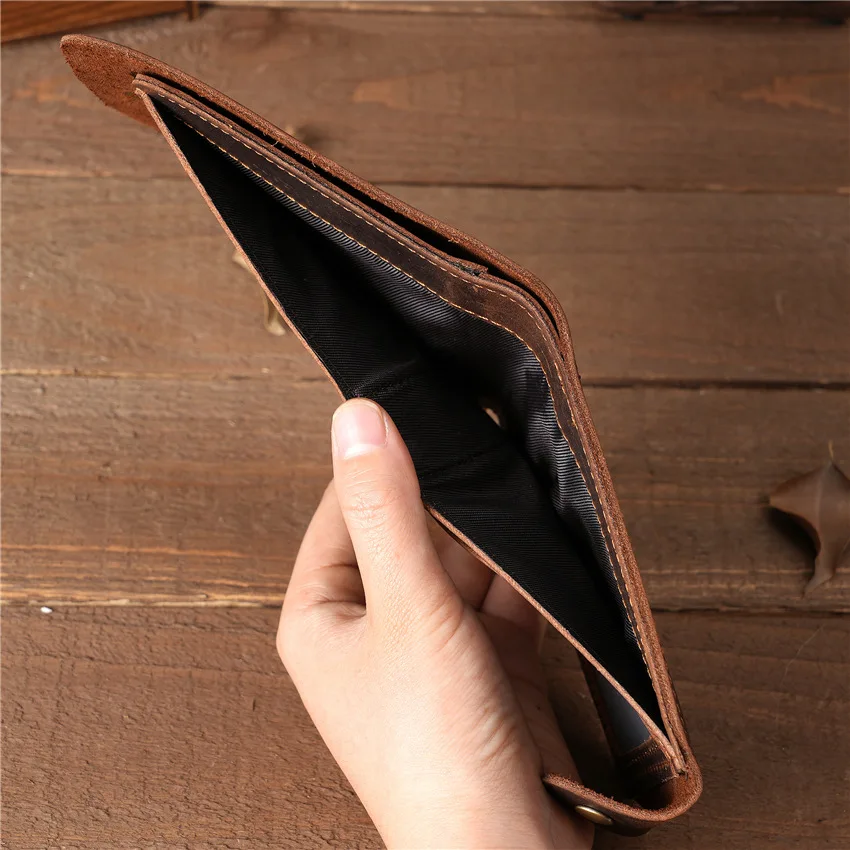 Genuine Leather Wallet for Men Large Capacity ID Window Card Case Wallet with Snap Closed Bifold Male Crazy Horse Leather Wallet