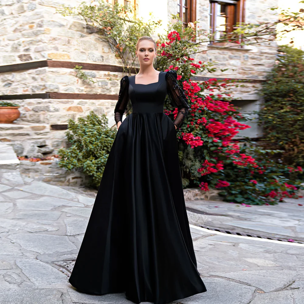 

Black Evening Dresses Square Neck Long Sleeves A-Line Prom Dress Appliques Satin Party Gowns Floor Length فساتين سهرة طويلة فخ