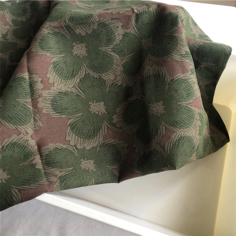 

145x45cm Pure Cotton Linen Fabric Military Green Flowers Handmade DIY Women's Dress Clothing Curtains Home Textile Sewing Fabric