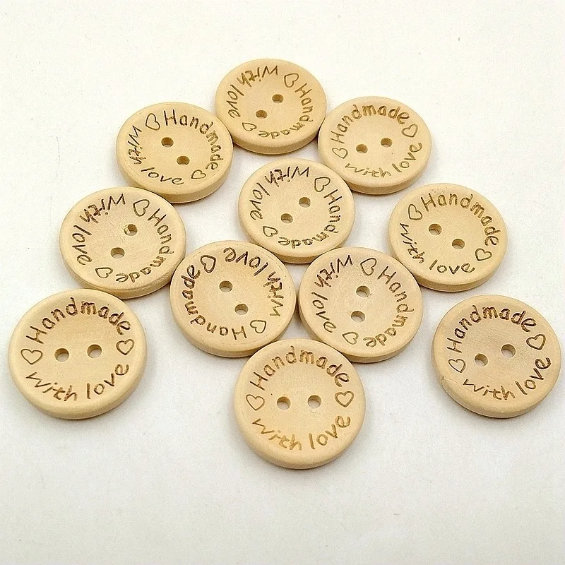 50pcs Wooden Buttons 15/25mm Round Simple 2-hole Buttons "Handmade with Love" Clothing Accessories