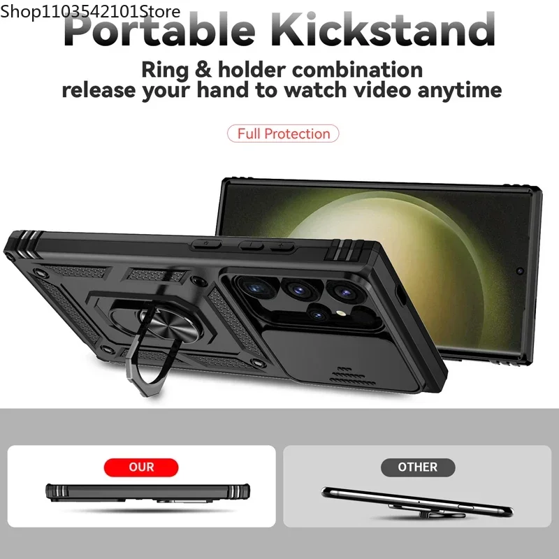 Rotating Slide Camera Lens Military Grade Armor Case with Ring Stand