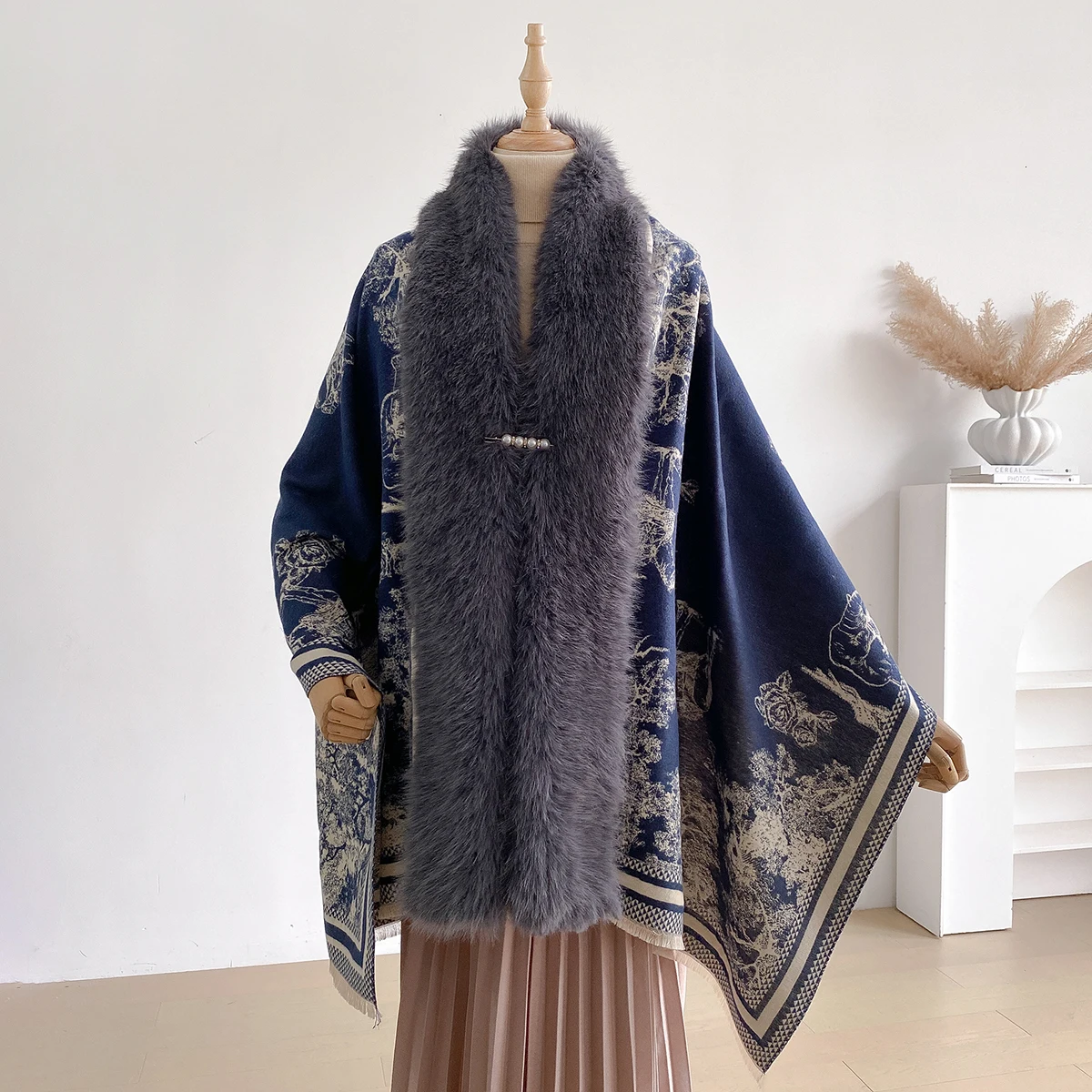 Autumn Winter Fashionable Upscale Imitation Cashmere Women Jacquard Scraves Weave Poncho Lady Capes Shawl Cloaks Faux Fur Scraf