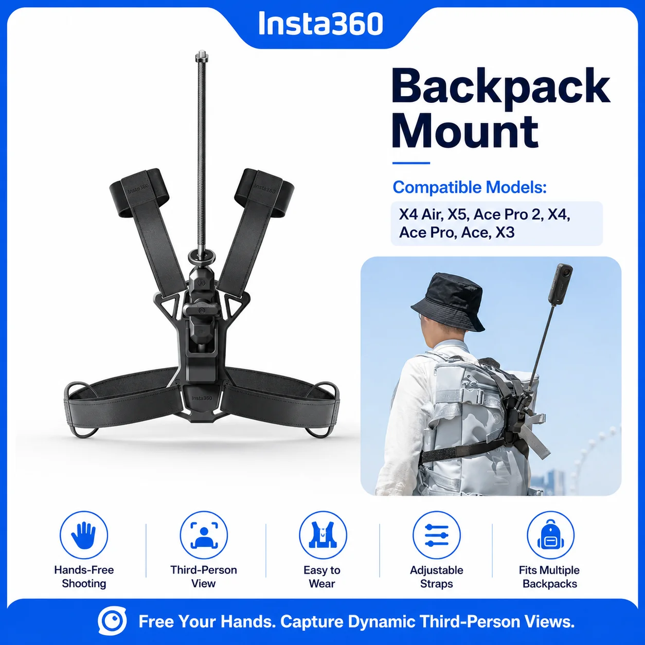 Supporto per Zaino Insta360 per Riprese in Terza Persona, Porta Fotocamera Hands-Free per X5 X4 Air X4 X3 Ace Pro 2 Ace Pro Ace - immagine 6