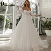 Osquernovia White Wedding Dresses Beads Appliques Vestidos De Novia Luxury Spaghetti Strap Puffy Sleeve A-Line Robe de mariee 1