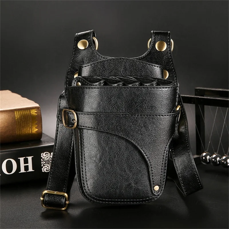 1PC Black Cowhide Hair Scissor Bag Clips Bag Hairdressing Barber Scissor Holster Pouch Holder Case With Belt Multifunction waist bag tool holder hairdressing tool belt