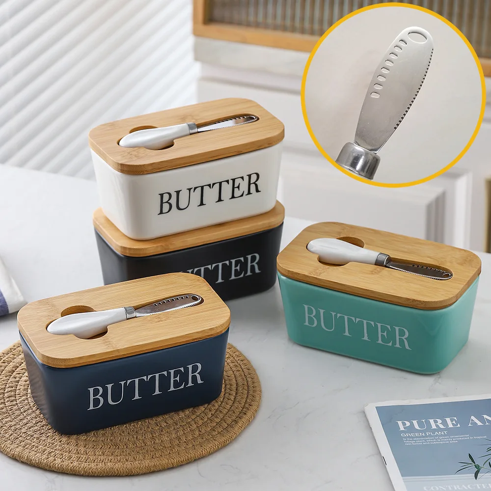 

Ceramic Butter box cheese storage box disk with cover rectangular sealed pot multifunctional knife household