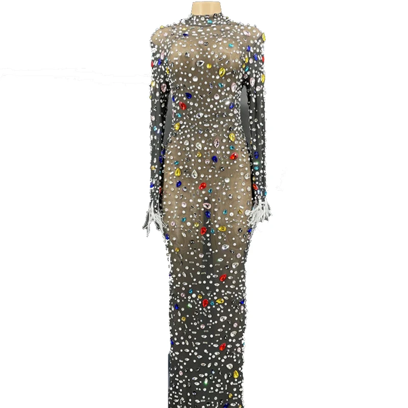 

Rhinestone Women Sexy Colorful Crystals Pearls Mesh Dress Prom Evening Transparent Multicolor Birthday Feather Sleeves Costume