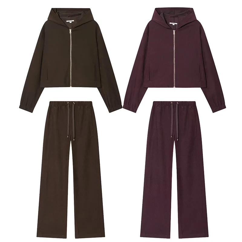 Wide Leg Pants 2 Pieces Sets For Women Long Sleeve Hooded Zipper Jacket Coat Trousers Women's Suit 2025 New Autumn Woman Outfits