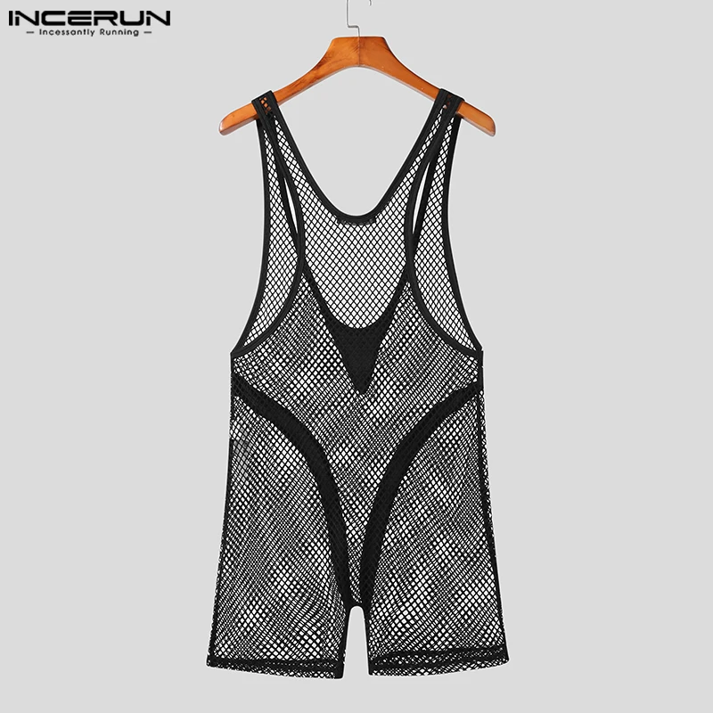 Casual Well Fitting Mens Homewear Fashionable V-neck See-through Mesh Jumpsuit Sexy Stylish Thin Sleeveless Bodysuits S-5XL 2023