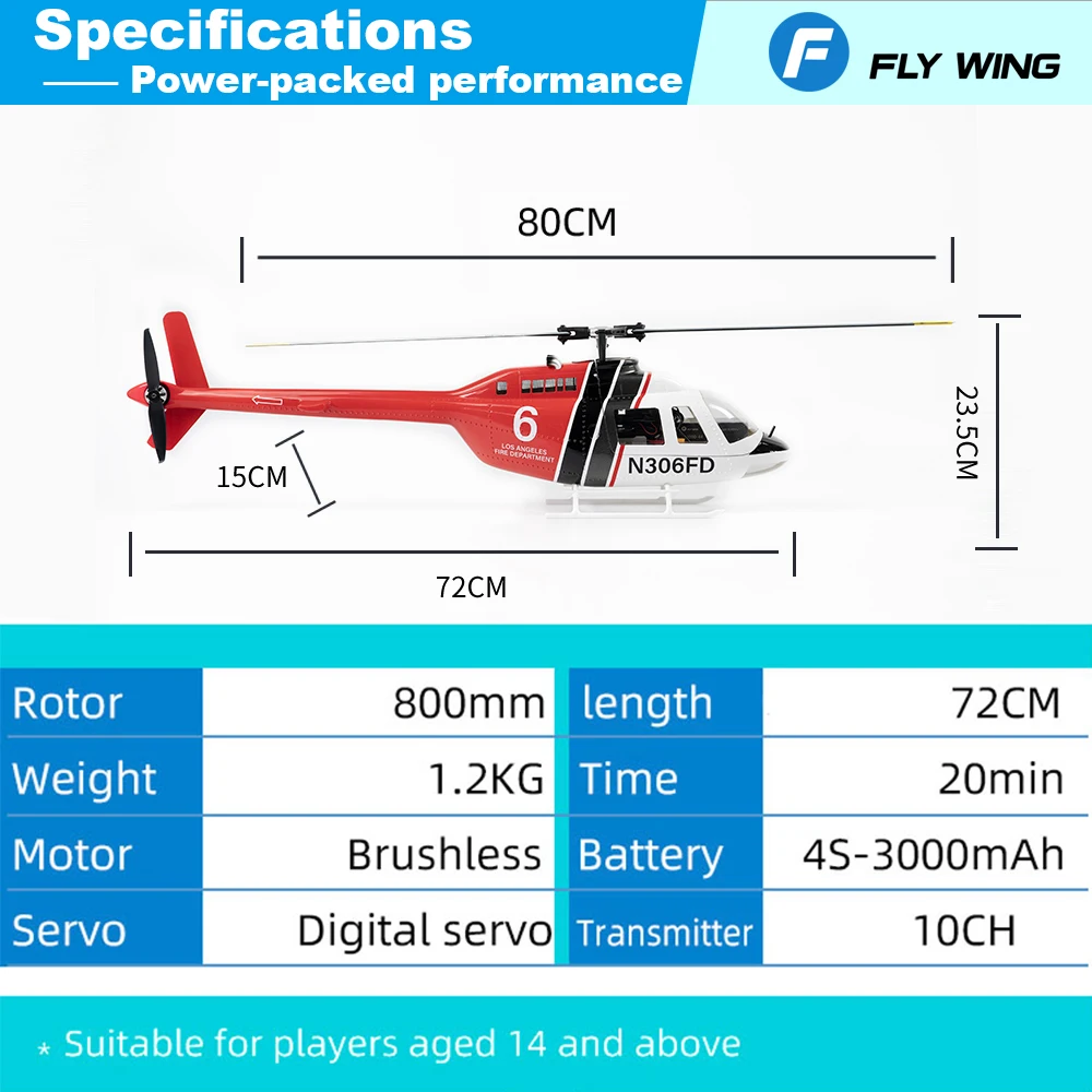 Flywing Bell 206 RC Helicopter V3 6CH GPS Altitude Hold Two Rotor 1:16 RC Scale Helicopter PNP RTF With H1 Flight Control System 6