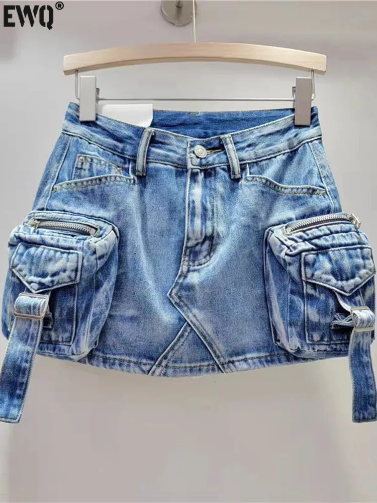 

[EWQ] Fashion 3D Large Pocket Denim Short Skirt For Women High Waist A-line Wrapped Buttocks Skirts 2024 Spring Summer 16U9614