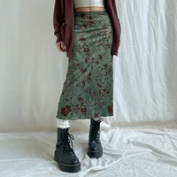 SUCHCUTE y2k Vintage Floral Printing Midi Skirts Women Harajuku Fairycore Green Straight Maxi Skirt Aesthetic Sweet Girl Clothes - Image 2