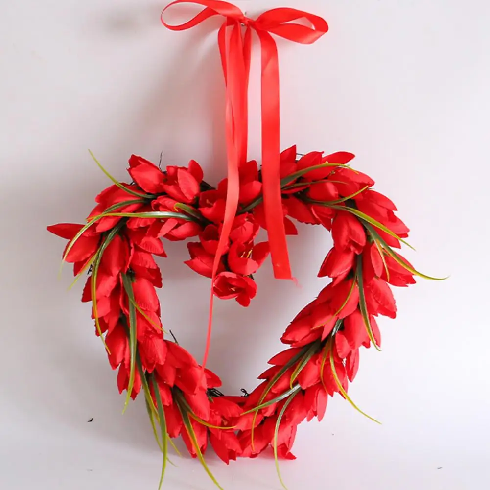 

Hanging Decor Vibrant Red Tulip Wreath Love Heart Garland for Valentine's Day Realistic Looking Hanging Ornament with Creative