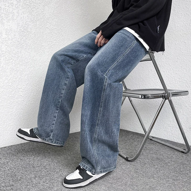 New Mens Wide Leg Jeans Baggy Fashion Oversized Elastic Waist Vintage Bleached Straight Denim PantsTrousers Male Str