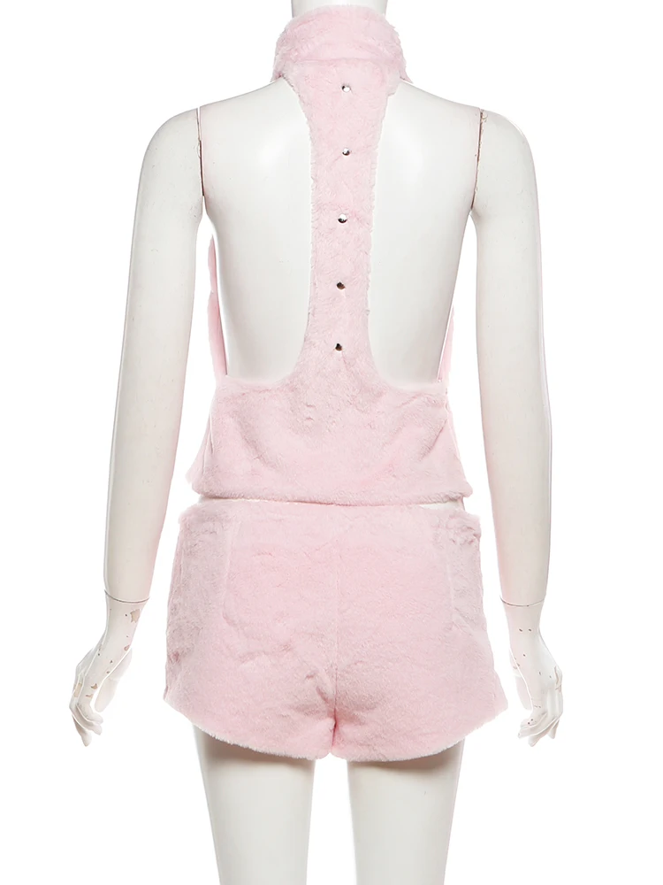 Women Turtleneck Backless Rivets Vest and Shorts Set