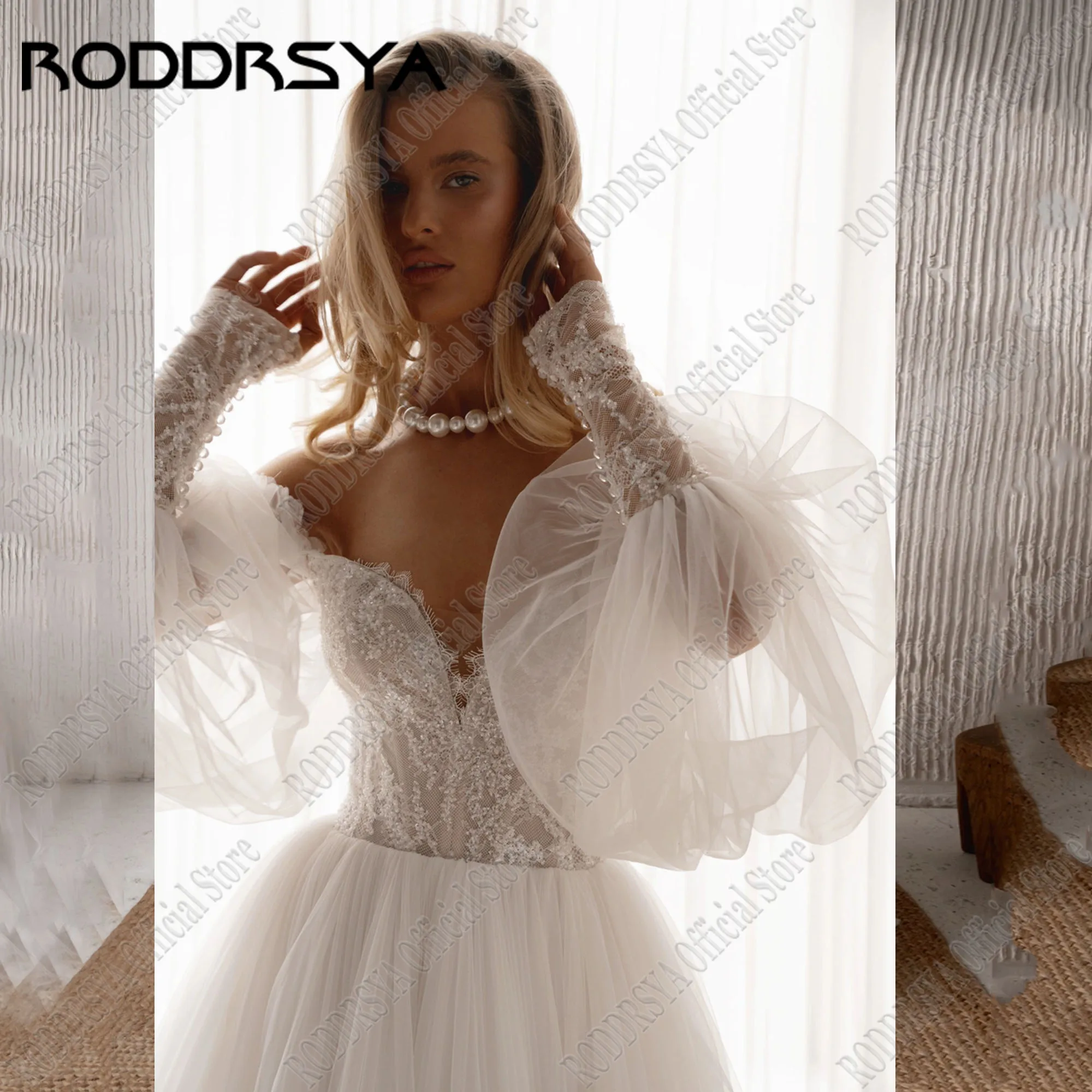 RODDRSYA Lace Sweetheart Wedding Gowns Long Puff Sleeves A-Line Tulle Bride Dress vestido de noiva civil Sweep Train Customized 3