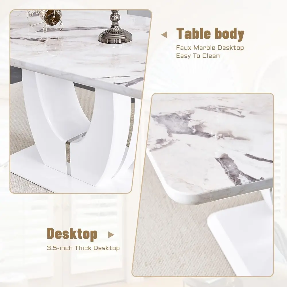 Description Picture 5 of itemFaux Marble Dining Table Set for 4,Dining Room Table Set and 4 PU Leather Upholstered Dining Chairs,63'' Large Dinner Table Set