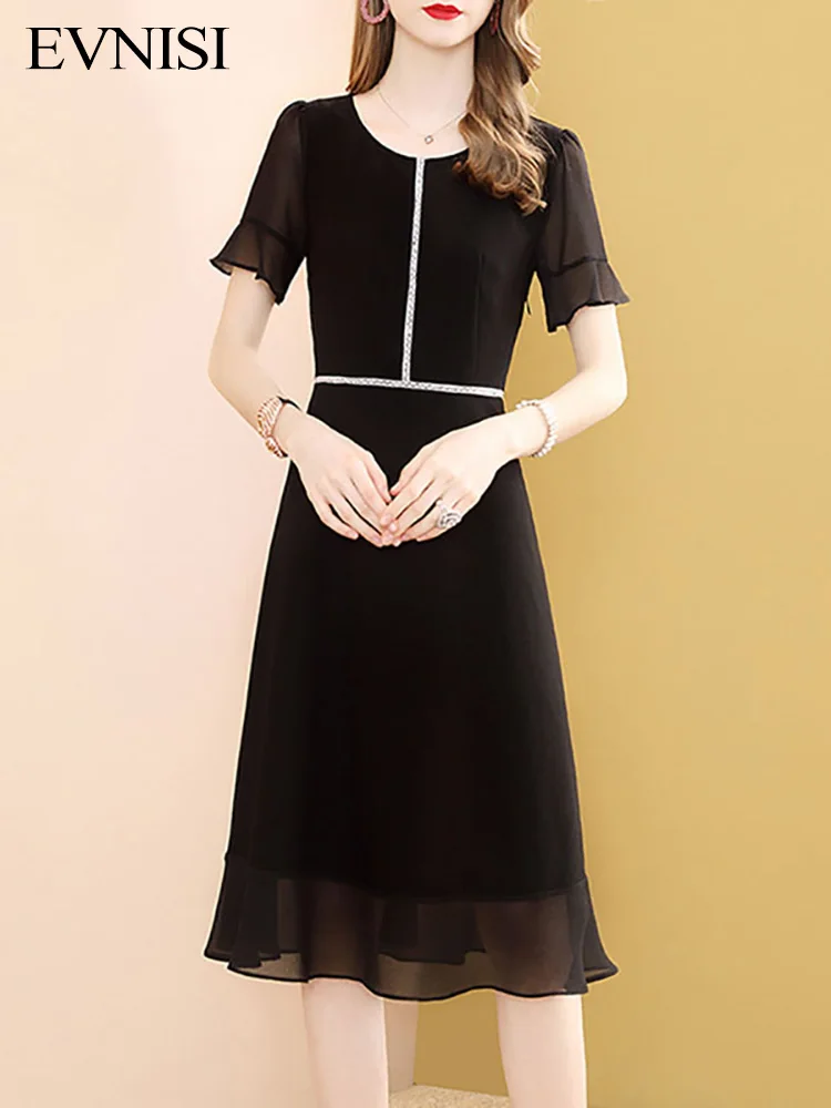

Элегантное Черное Шифоновое Платье EVNISI, женские новые платья-трапеции средней длины с пышными рукавами и круглым вырезом, однотонные простые офисные женские платья