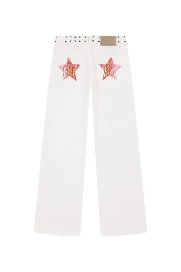 ONE DILEMMA Harajuku Five-Pointed Star Design Liu Ding Element White Jeans Women's Y2K New Gothic Casual Joker Wide Trousers