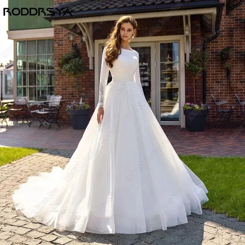 

Princess Wedding Dresses Long Sleeves Appliques Bridal Gowns Satin A Line Vestidos De Noiva Mariage Civil Custom Made