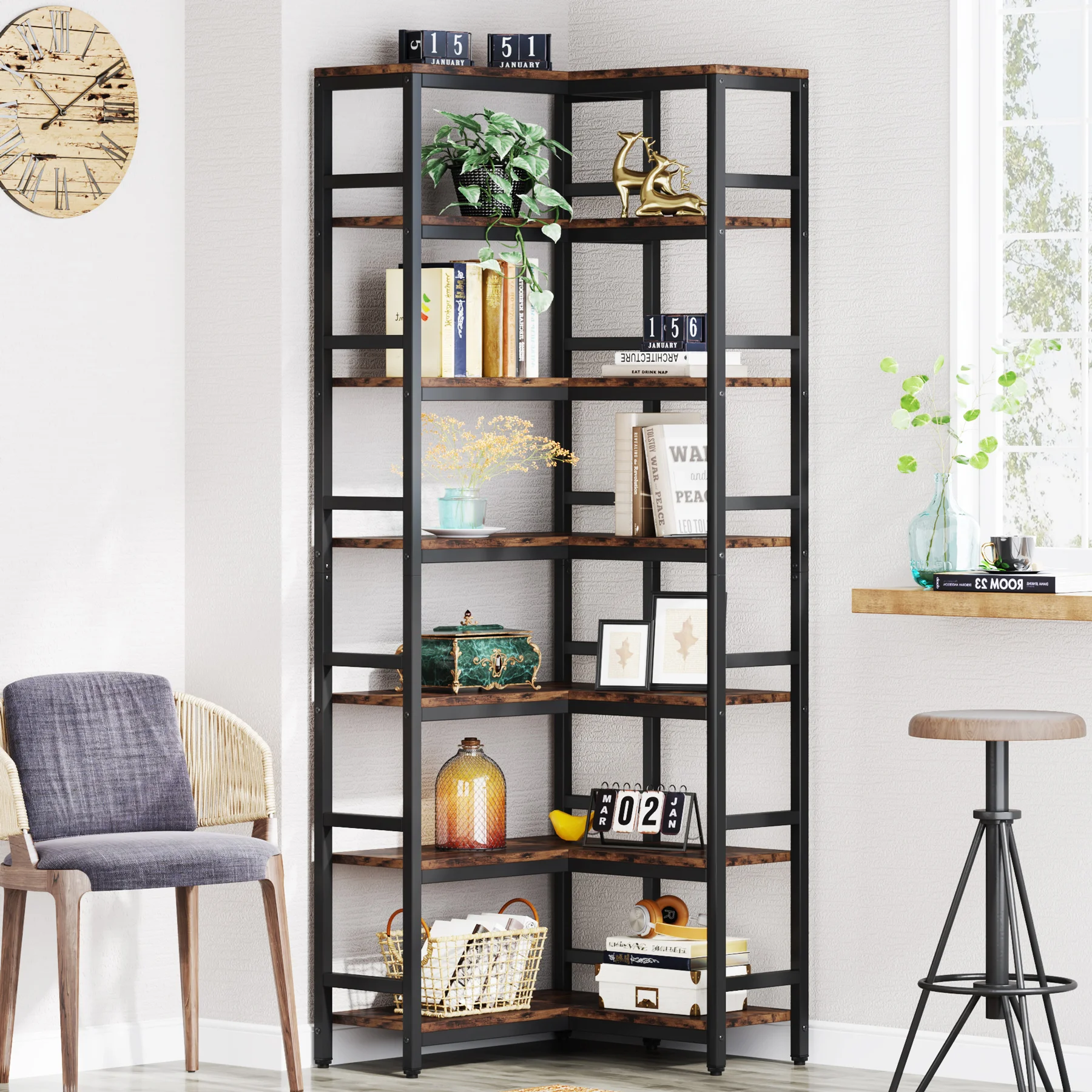 Tribesigns 7-stufiges hohes Eck-Bücherregal, 78,74 Zoll industrielles Eck-Etagere-Bücherregal