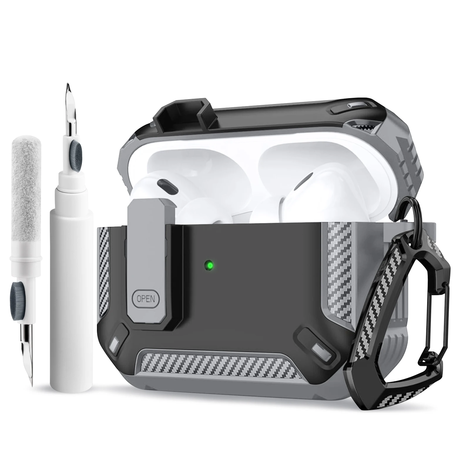 Portable Shockproof Carbon Fiber Airpod Case with Carabiner Clip and Security Lock