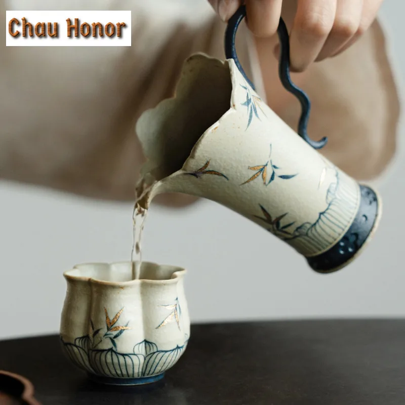 80ml Blue And White Flint Red Teacup Handmade Gold Drawing Bamboo Tea Bowl Zen Tea Pair Petal Personal Cup Chazhan Tea Supplies