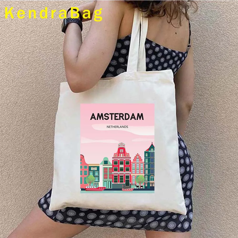 Amsterdam Canal Houses Skyline Landmark Netherlands Windmill Holland Vintage Travel Shopper Harajuku Canvas Tote Bag Eco Handbag 6