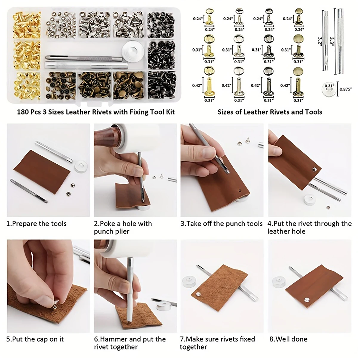 Leather Rivets Leather Rivets 3 Sizes Double Cap Rivet Tubular Metal Studs Kit for Leather Craft Repairs Tool Decoration