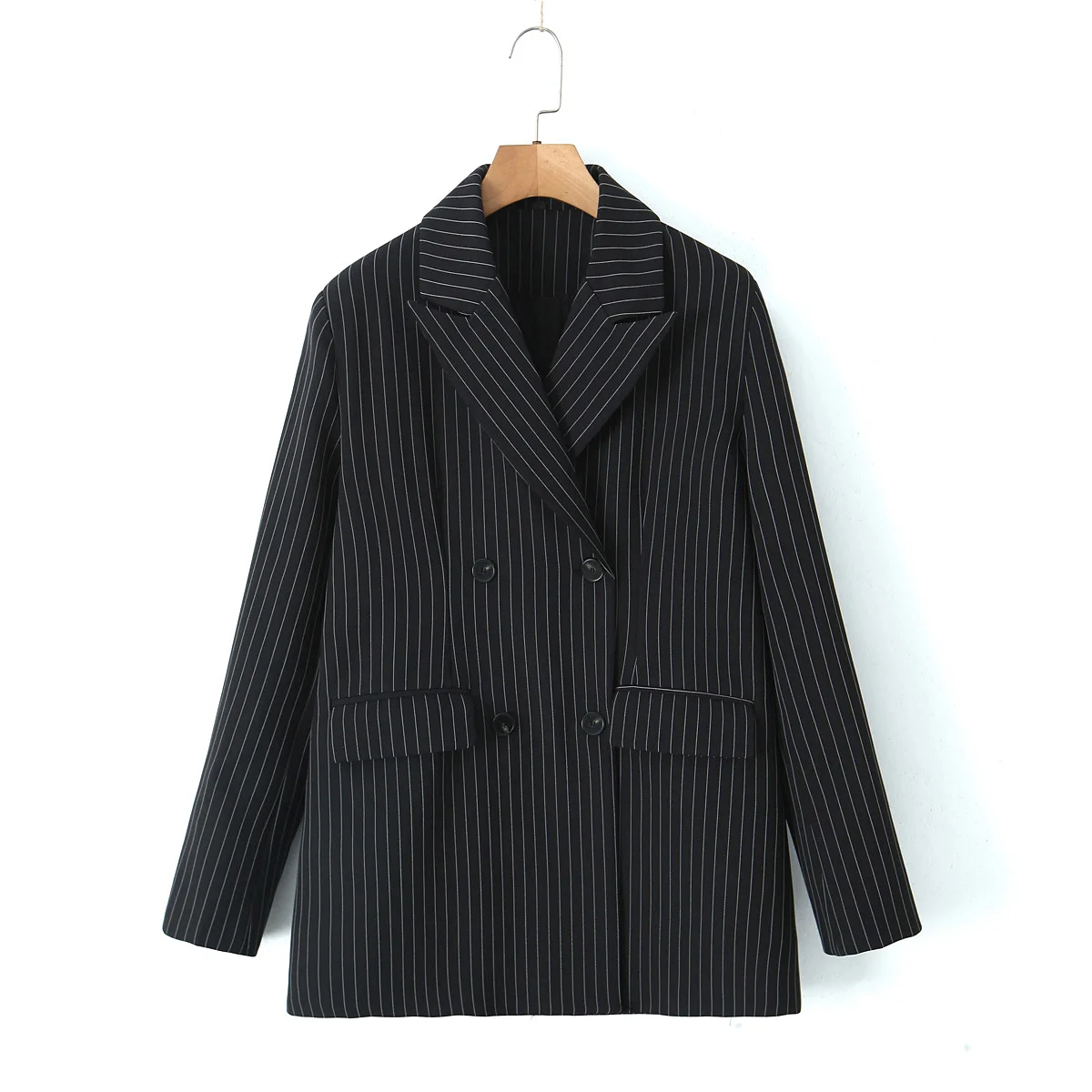 Spring Black Striped Oversized Blazer Women Loose Notched Full Sleeve Suits High Waist Long Flare Pants Halter Tank Tops