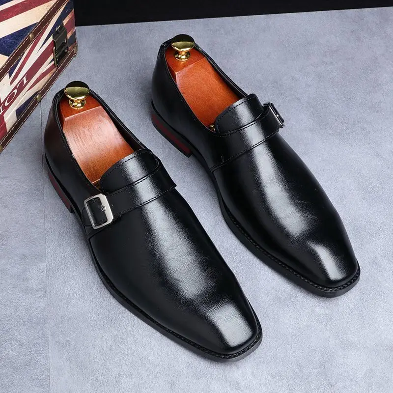 Men's Retro Casual Business Shoes Microfiber Leather Square Toe Slip-on Buckle Dress Office Flats Wedding Party Oxfords