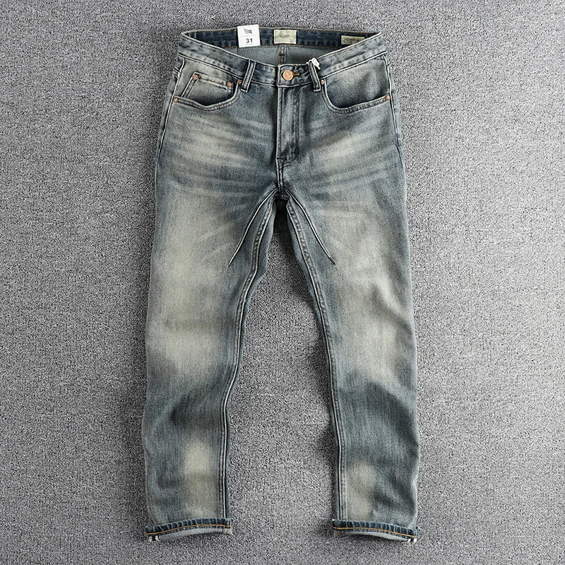 Vintage to do old washed jeans men three-dimensional cut small straight version of the young retro all match pants