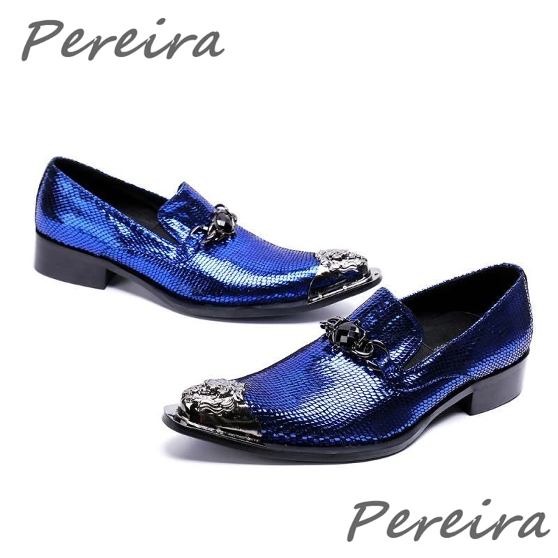 Fashion Shiny Men's Shoes Banquet Nightclub Prom Shoes Metal Pointed Toe Blue Genuine Leather Formal Shoes Party Wedding Oxfords