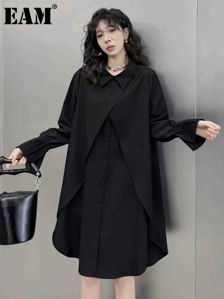 

[EAM] Women Black Irregular Spliced Long Big Size Blouse New V-neck Long Sleeve Shirt Fashion Tide Spring Autumn 2024 1DH4807