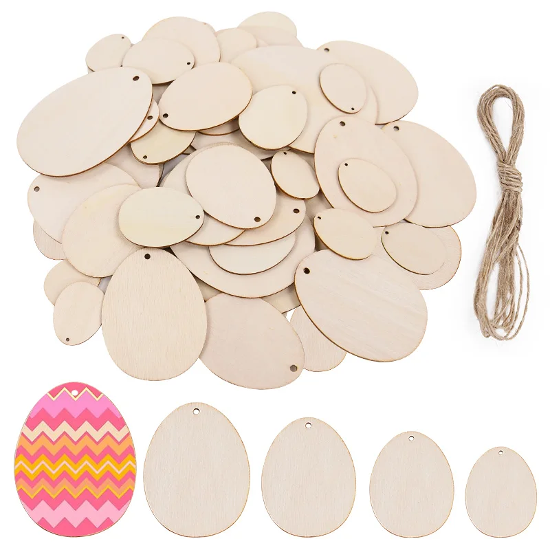 30-80mm Wooden Easter Eggs Kids DIY Painting Crafts Blank Bunny Eggs Wood Chips Happy Easter Party Home Decoration Ornament Gift