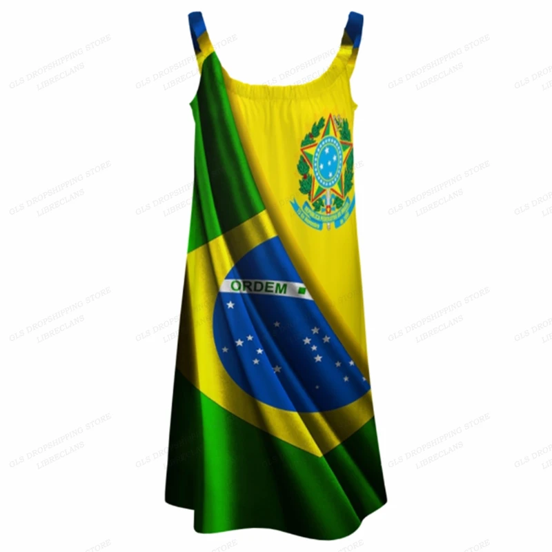 Brazil Flag Dress Women Fashion Bohemian Spaghetti Strap Dresses Party Evening Sexy Boho Beach Dress Midi Sundress Casual Loose