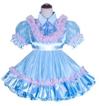 

French Sissy Maid Lockable Blue Satin Organza Dress Uniform Cosplay Dress
