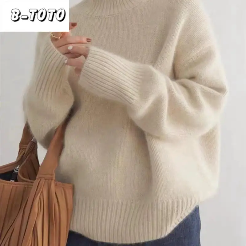 

B-TOTO Spring and Autumn High Neck Women Loose Knit Pullover Jumper Lazy Wind Bottoming Shirt Outside Wear Korean Popularity TOP