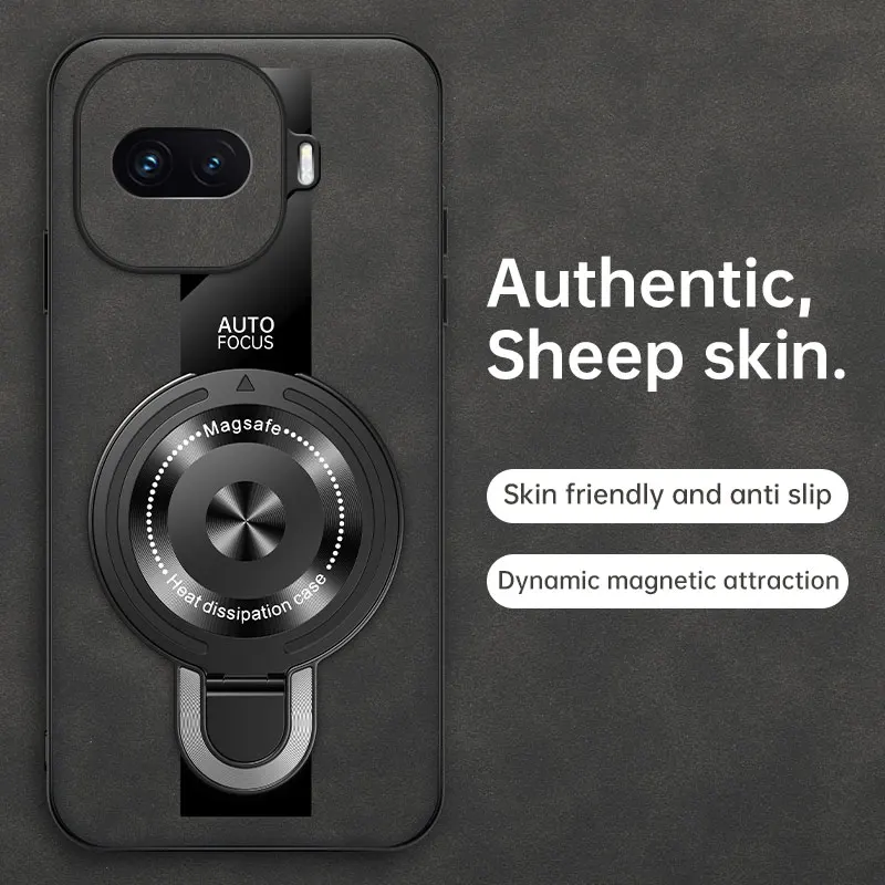 Sheepskin Leather Wireless Charging Magnetic Ring Holder Case - Shockproof and Stylish Cover