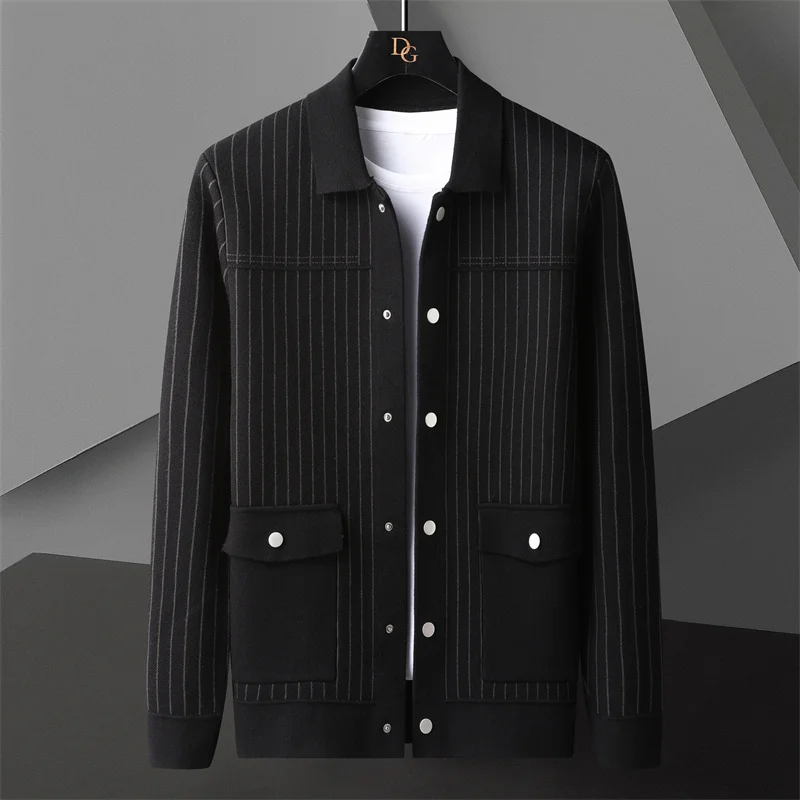 Hidden Buckle Stripe Printing Cardigan Men Sweter Korean Sweater Coat Designer Autumn Fashion Lapel Knit Cardigan Jacket Sweater