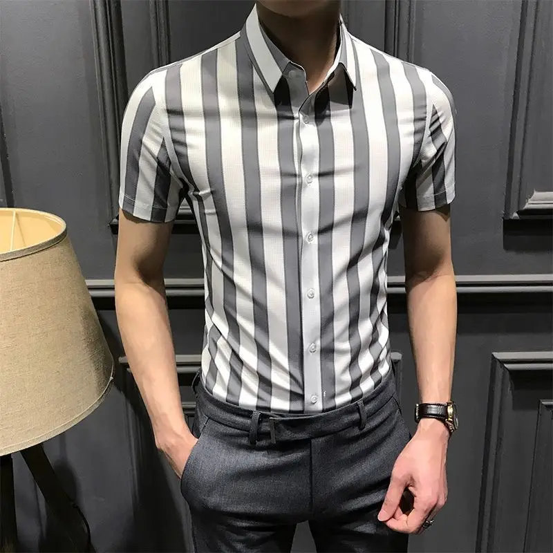 Upscale Summer New Vertical Stripe Men's Casual Business Shirt Square Neck Button Korean Fashion Luxury Trend Short Sleeve Top