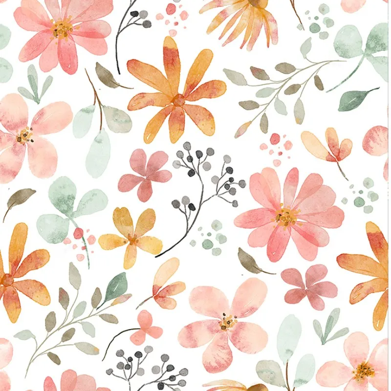 Auto-adesivo Peel And Stick Wallpaper Folha Removível Laranja Rosa Folhas Verdes Estilo Pastoral Decoração do Armário