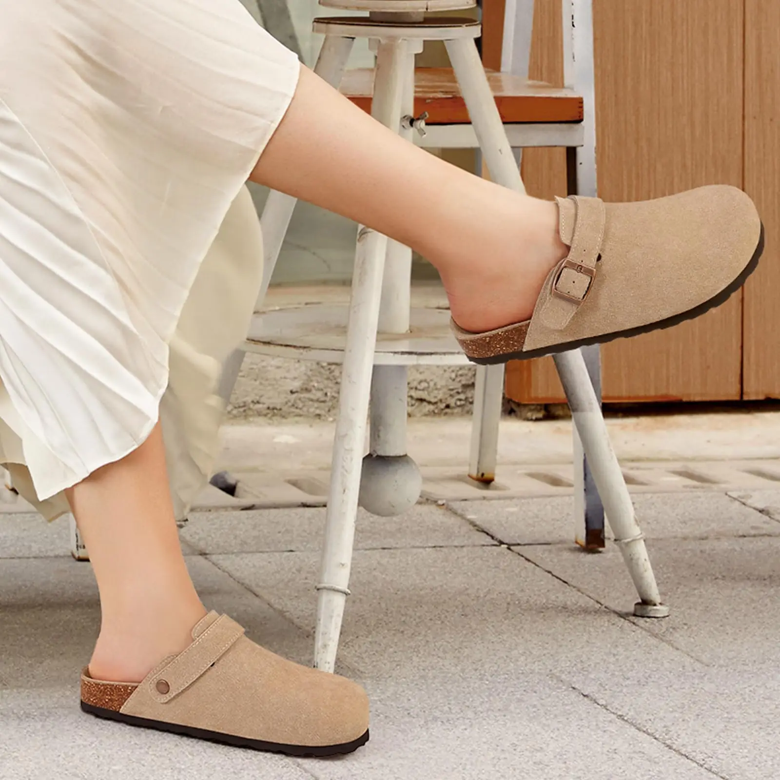 Litfun Women's Leather Clog Sandals With Cork Insole & Buckle_voghion.com