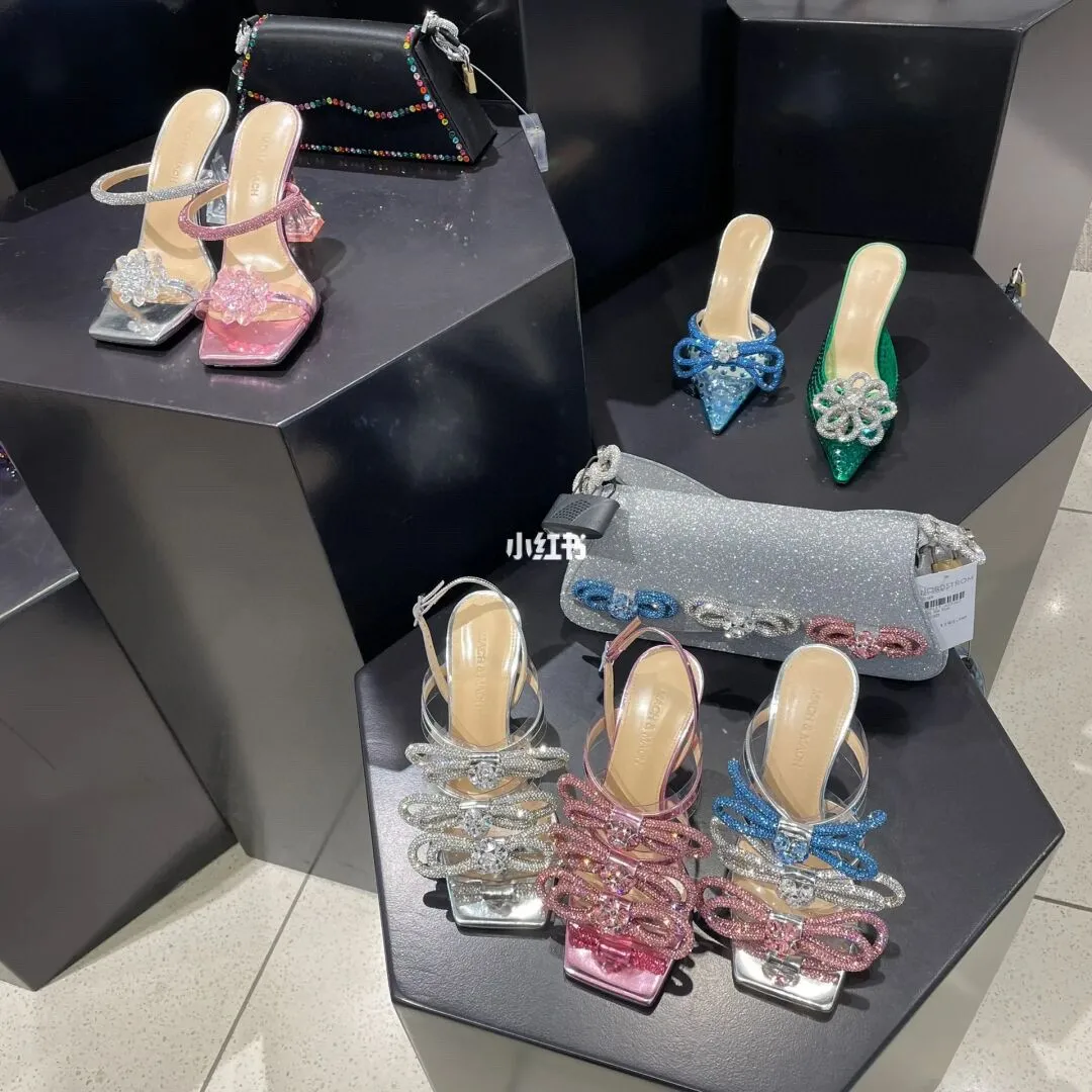 

Buy Women sandal rhinestone bow slippers 2022 square head high heel Internet celebrity design sense sexy sandals woman