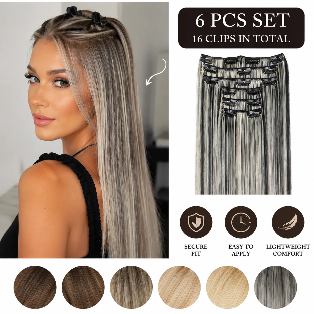 Extension per capelli con 16 clip, 24 pollici, lunghi e lisci, sintetici, biondi e neri, resistenti al calore, 6 pezzi/set - immagine 2