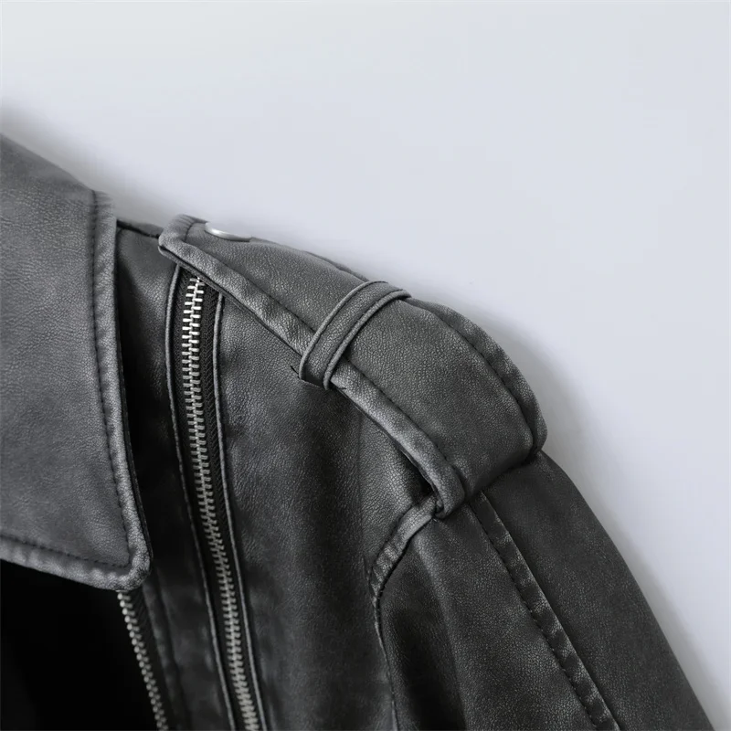 2024 Women's new short make old effect imitation leather motorcycle jacket jacket women's washed gray leather coat
