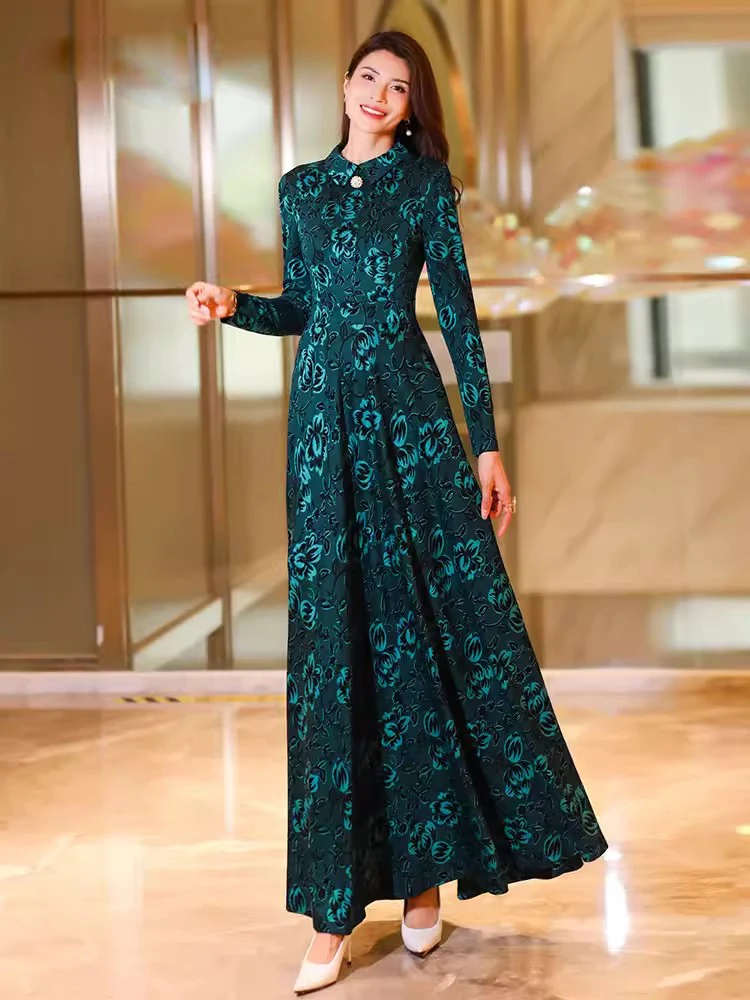 New Women Dark Green Print Long Dress Spring Autumn Fashion Elegant Peter pan Collar Long Sleeve Vintage Slim Overlength Dress