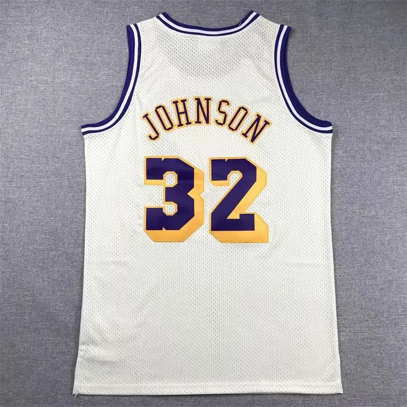 Magic Johnson 84-85 vintage embroidered jersey No.32 basketball suit American breathable sleeveless vest for adults and children 2